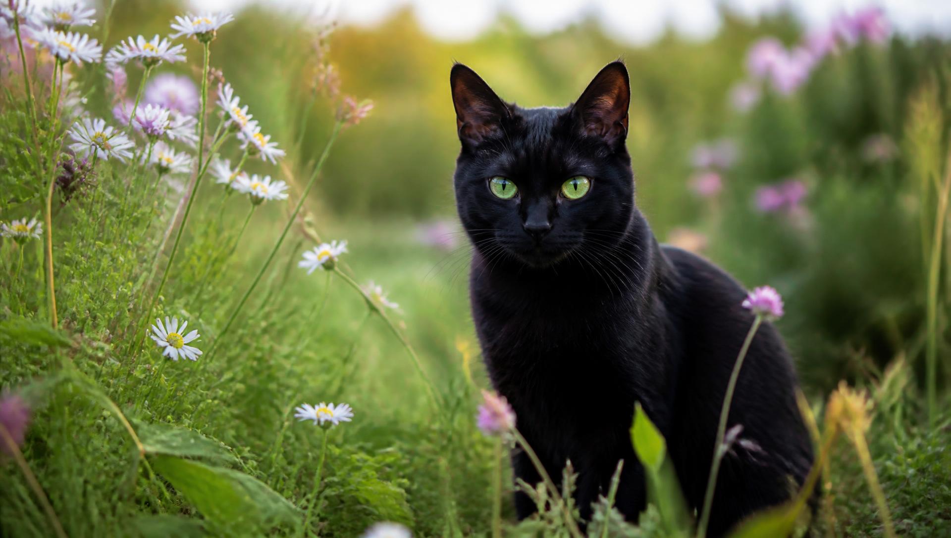 A small black female cat sitting among wildflowers